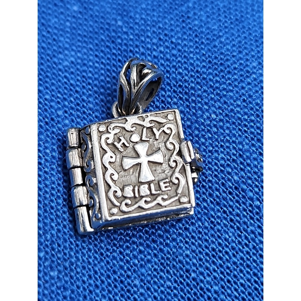 Vintage Sterling Silver Holy Bible Pendant Charm Locket Cross Christian 1/2"